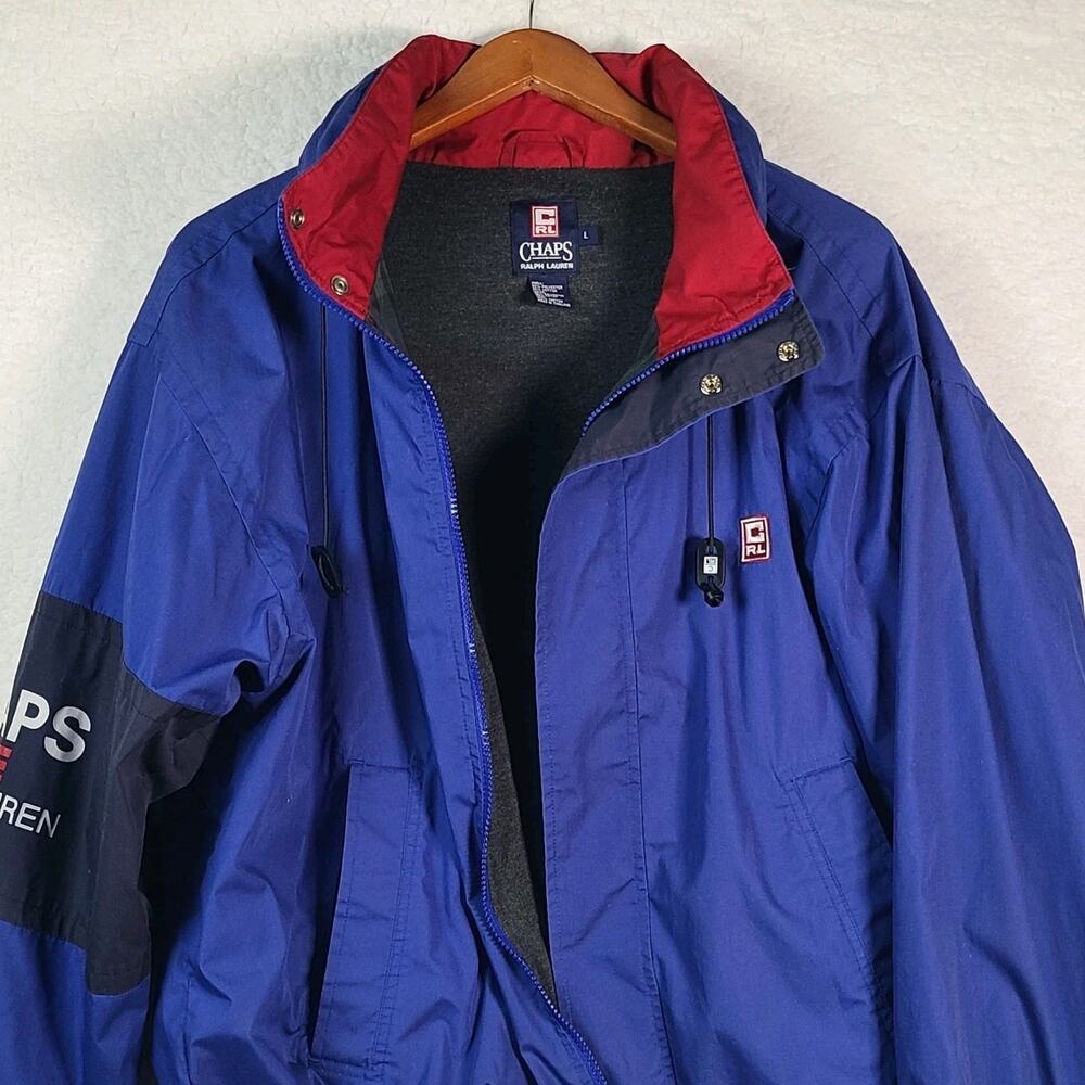 Chaps Ralph Lauren Lined Jacket Fold Away Hood Classic Blue 90's Large